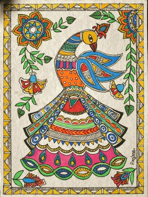 MADHUBANI Peacock with Patterns, Indian Traditional folk Art, handmade watercolour painting ...