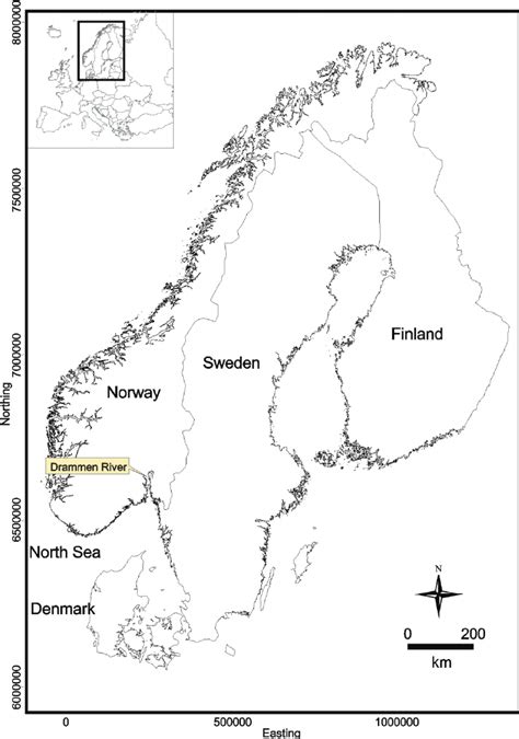 Map showing the position of the Drammen River in southern Norway. Inset ...