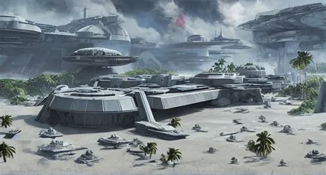 the imperial base from Star Wars: Rogue One on Scarif | Stable Diffusion