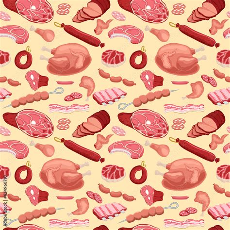 Meat seamless pattern. Meat products background for butcher shop design. Beef steaks, pork ribs ...