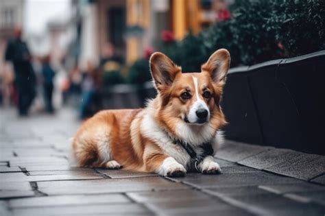 Premium Photo | Funny cute breed welsh corgi lying on the asphalt near ...