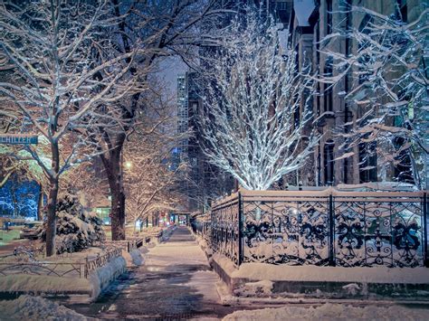 Wallpaper Chicago, Illinois, winter, snow, trees, street, city night ...