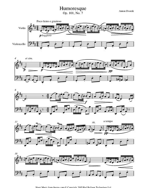 ﻿Dvořák - Humoresque Op. 101, No. 7 sheet music for Violin-Cello Duet - 8notes.com | Sheet music ...