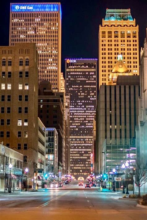 Driving through Downtown Tulsa, OK. at night. February 9, 2017. Photo ...