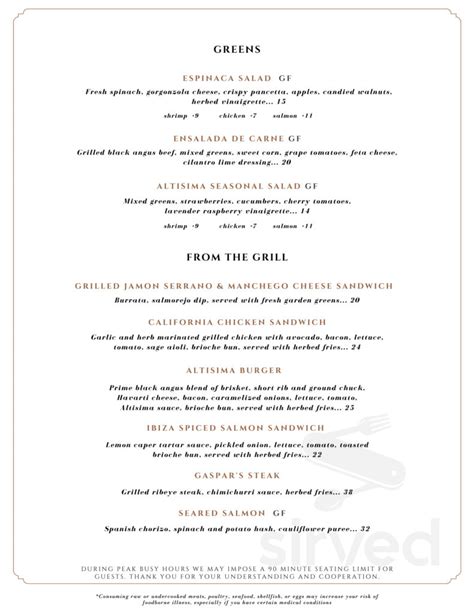 Altisima Winery menu in Temecula, California, USA