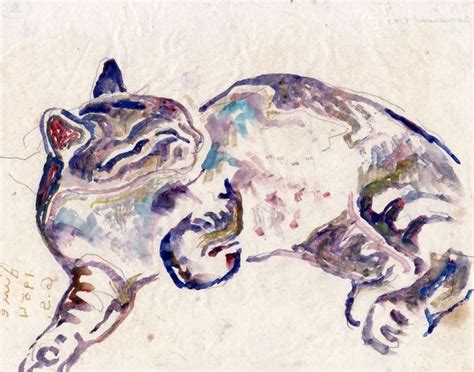 a drawing of a cat laying on its back with it's eyes closed and mouth open