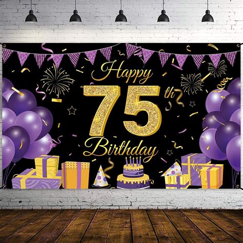 Wiipenex Happy 75th Birthday Banner Purple Black and Gold 75th Birthday ...