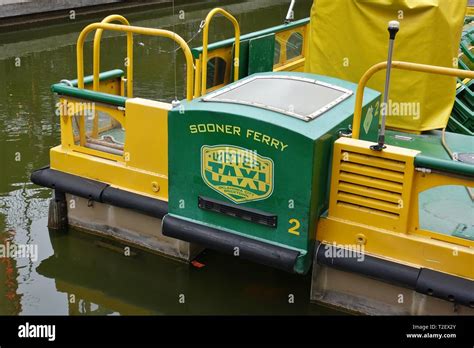 OKLAHOMA CITY, OK -2 MAR 2019- View of a water taxi on the Bricktown Canal in Oklahoma City ...