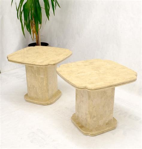 Pair of Tessellated Stone Brass Trim Mid-Century Modern End Tables Stands For Sale at 1stDibs