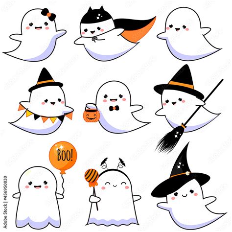 Cute ghosts set. Halloween characters in kawaii style. collection of isolated vector clip art ...