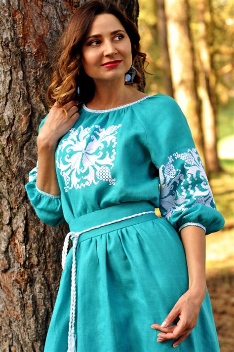 Luxury sea wave color dress with volumetric floral embroidery – Vyshyvanka by Masik Valeriy