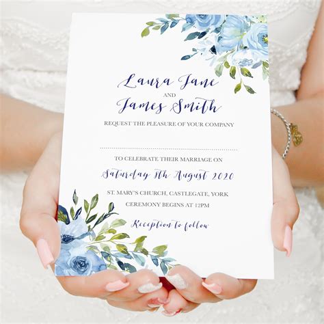 Blue Floral Wedding Invitations, Blue Watercolour flowers, Baby Blue, – STNStationery