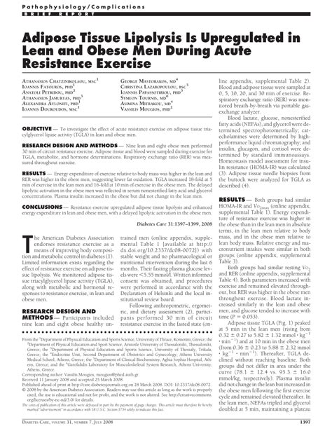 (PDF) Adipose Tissue Lipolysis Is Upregulated in Lean and Obese Men During Acute Resistance Exercise