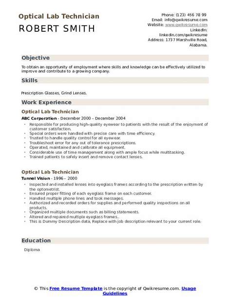 Optical Lab Technician Resume Samples | QwikResume