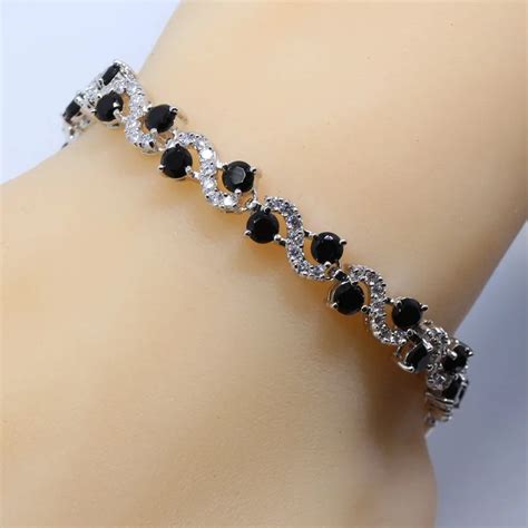 Amazing Black Zircon Silver Color Chain & Link Bracelet Girls/Women Wedding Jewelry Length 19+2 ...