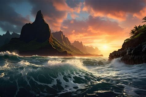 Premium AI Image | Napali coast Kauai cliffs beaches sunset generative IA