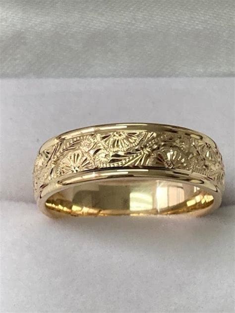 6mm 10K 14K 18K Solid Yellow Gold Hand Engraved Mens Wedding Band, Hand Engraved Mens Wedding ...