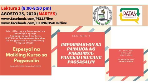 PATAS-PSLLF Lektura 2: “Impormasyon sa Panahon ng Pandemya: Pangkalusugang Pagsasalin” | Paki ...