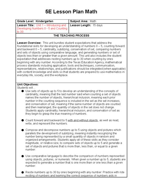 Unit 1 Option 3 - 5E Lesson Plan Math Grade Level: Kindergarten Subject ...