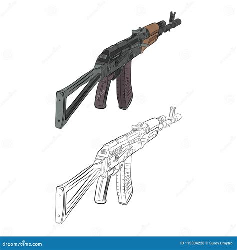 Assault Rifle Ak 47 Contour Drawing in Pencil Stock Illustration - Illustration of shabby, club ...