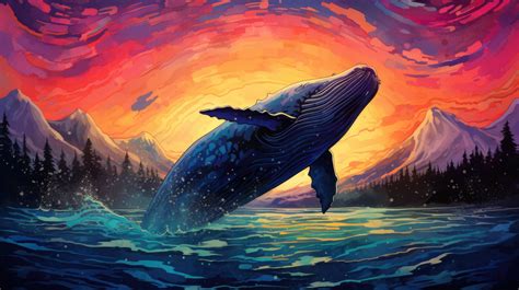 A digital art piece features a whale breaching the surface of the ocean against a vibrant sunset ...