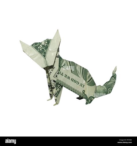 Money Origami Sitting CAT Folded with Real One Dollar Bill Isolated on White Background Stock ...