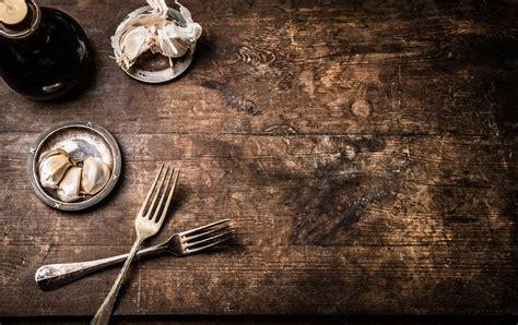 Rustic food background with cutlery featuring above, aged, and ...