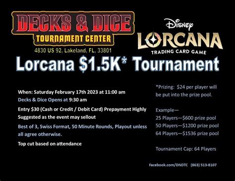 Decks & Dice Disney Lorcana 1.5k* Tournament, Decks & Dice Tournament Center, Lakeland, 17 ...