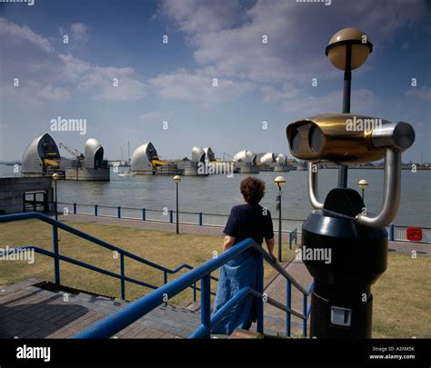 FLOOD PREVENTION SCHEME THE THAMES BARRAGE FROM SOUTH BANK OF RIVER ...