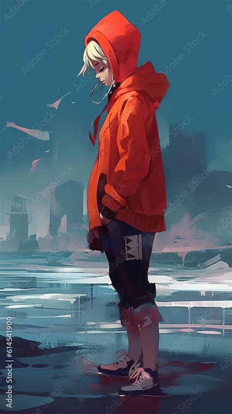 Stockillustratie an oil painting artwork of a sad anime girl standin glonely in a red modern ...