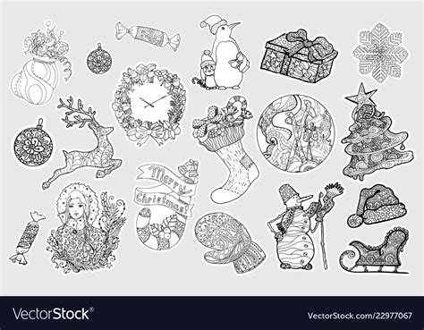 Winter stickers hand drawn outline Royalty Free Vector Image