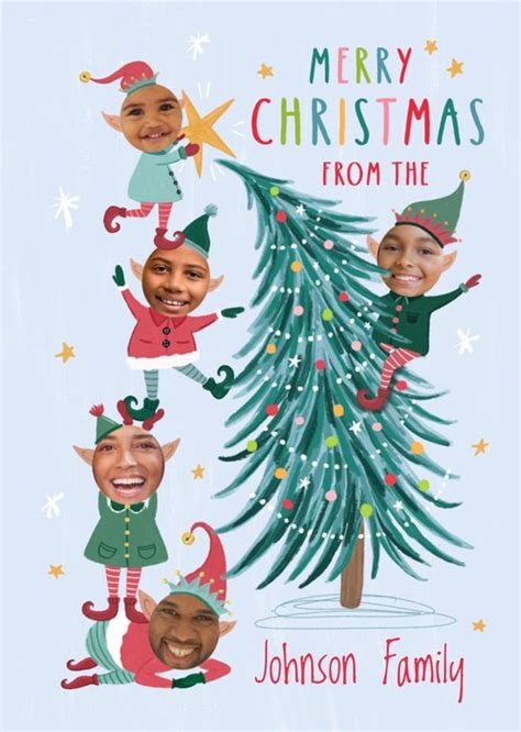 5 Elves Face Photo Upload Christmas Card | Moonpig