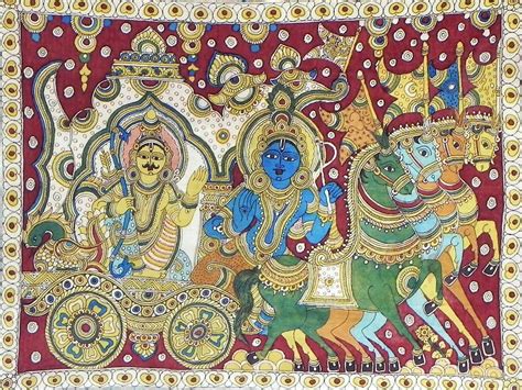 Krishna Preaching the Gita to Arjuna During the Kurukshetra War of Mahabharata (Kalamkari ...