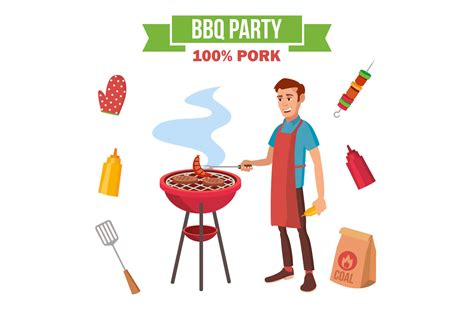 BBQ Grill Meat Cooking Vector. Man Cooking Meat. Outdoor Rest. Cartoon Character Illustration By ...