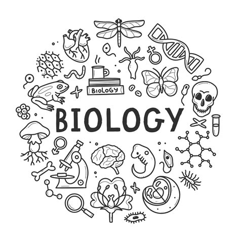 Biology doodle set. Collection of black and white hand drawn elements science biology circle ...