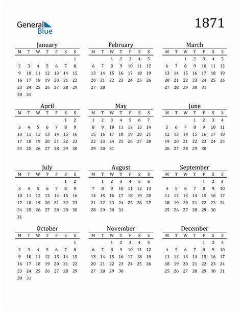 Year 1871 Free Printable 12-Month Calendar