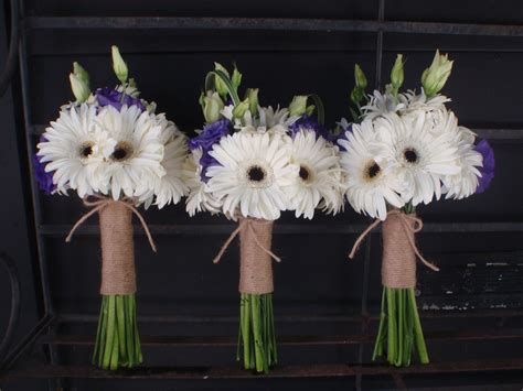 White Gerbera Daisy Bouquets with Purple Lisianthus and Twine Wrap | Daisy bridesmaid bouquet ...