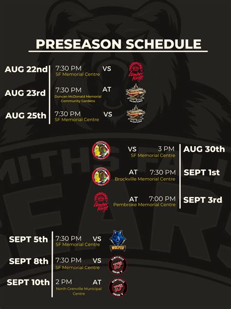 Bears Preseason Schedule | Smiths Falls Bears Hockey