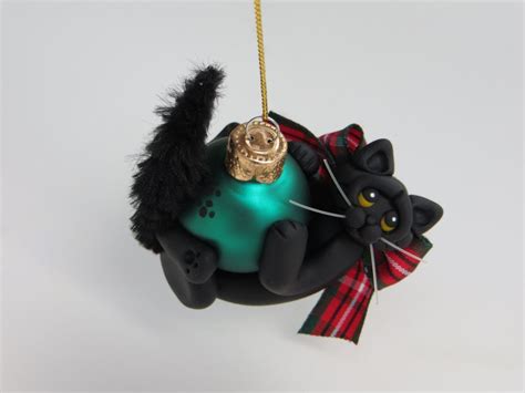 Black Cat Christmas Ornament Figurine Polymer Clay Art