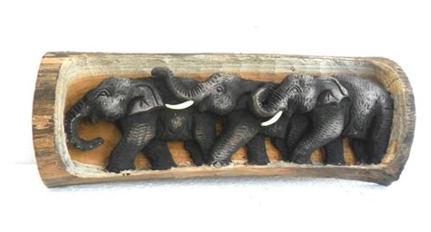 Wood Carving Elephant Hand Carved Sculpture Elephants Natural Tree Trunk Art Wall Hanging Home ...