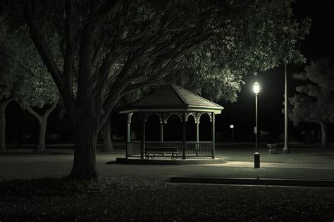 Premium Photo | Empty public park at night with illuminated light on and bench