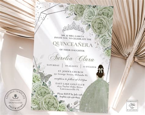 Sage Green Floral Silver Quinceañera Invitation INSTANT - Etsy