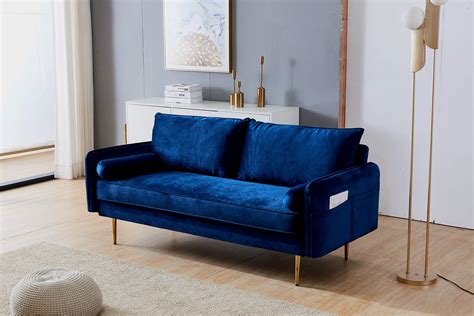 JULYFOX Blue Velvet Fabric Sofa Couch, 70 Inch Wide Mid Century Modern ...