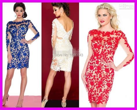 2015 Hot Sell Royal Blue Red White Beaded Lace Cocktail Dresses Sheath Long Sleeves Short Prom ...