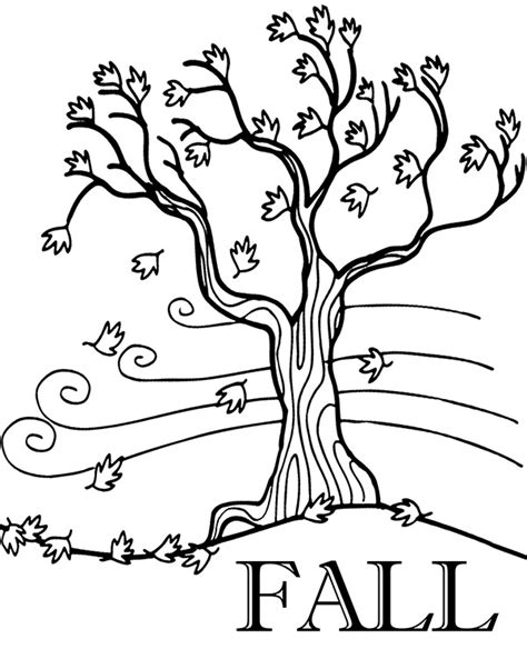 Fall printable coloring page with tree and leaves falling