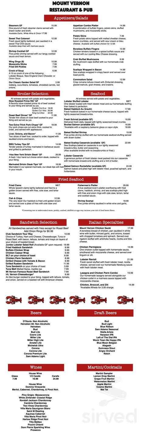 Mount Vernon Restaurant & Pub menu in Somerville, Massachusetts, USA