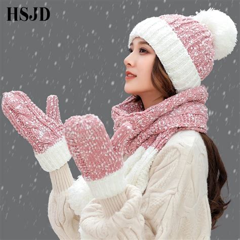 A Set Of Women Winter Hats Cute Gloves Scarf Set 3 Pieces Snowflake ...