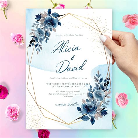 Blue Floral Geometric Winter Wedding Invitation Template Online Maker