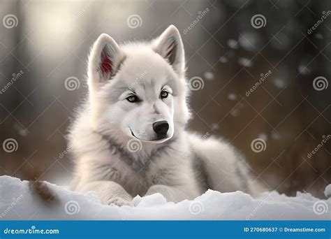 Cute White Wolf Puppy Playing in Winter Snow Portrait Stock Image ...