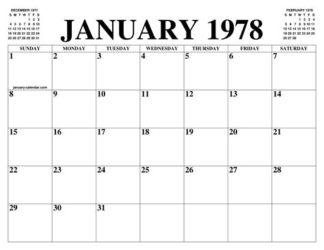 JANUARY 1978 CALENDAR OF THE MONTH: FREE PRINTABLE JANUARY CALENDAR OF ...